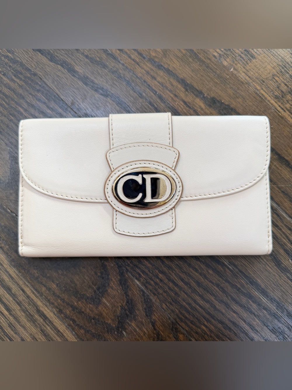 EUC Vintage Christian Dior CD Logo Ivory Leather Bifold Long Wallet w/COA